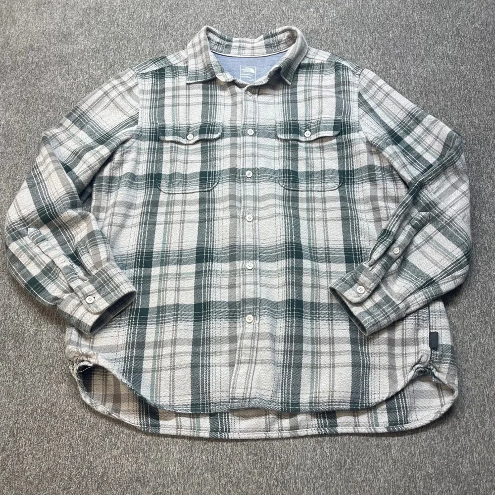 The North Face Mens Grey Green Plaid Flannel Button Down Shirt Large Long Sleeve